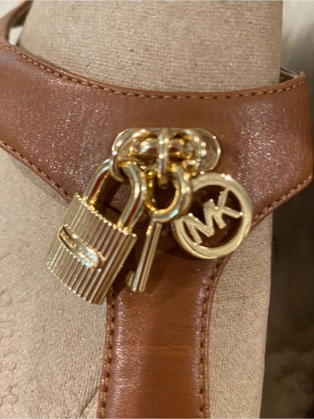Michael Kors Cognac Leather T-Strap Sandals with Gold MK Charms - Picture 2 of 9